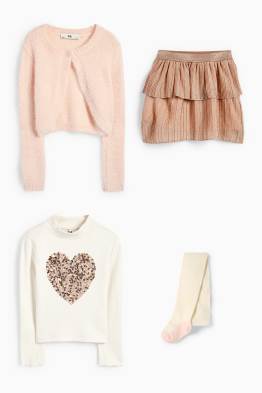 Set - tricou cu mânecă lungă, cardigan tricotat, fustă și dresuri