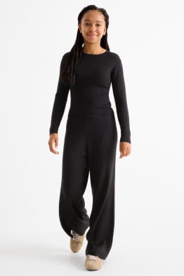 Set - tricou cu mânecă lungă și pantaloni din jerseu - reiați - 2 piese