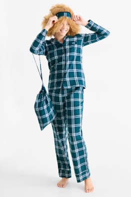 Set - pijama din flanel, mască de dormit și săculeț de pânză, cu motive de Crăciun
