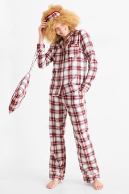 Set - pijama din flanel, mască de dormit și săculeț de pânză, cu motive de Crăciun
