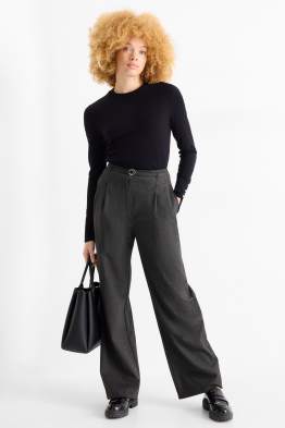 Plátěné kalhoty s páskem - high waist - wide leg
