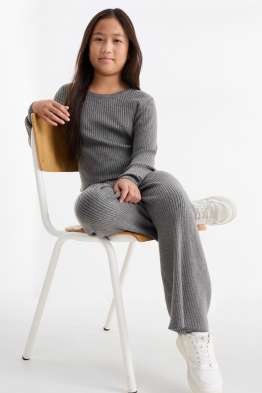 Set - tricou cu mânecă lungă și pantaloni din jerseu - reiați - 2 piese