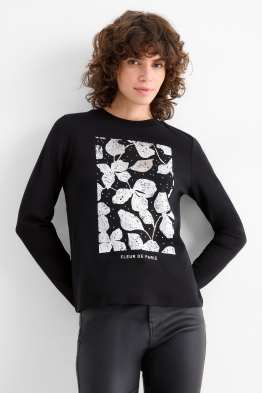 Tricou cu mânecă lungă cu ștrasuri - regular fit - aspect lucios