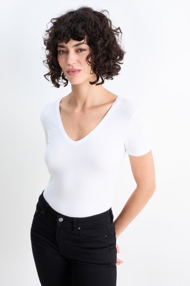 Femei - Multipack 3 buc. - tricou cu decolteu în V - slim fit - alb