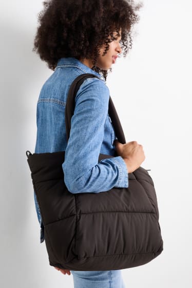 Femei - Geantă shopper matlasată, mare, cu curea detașabilă - negru