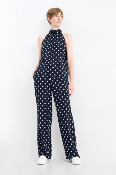 Femei - Pantaloni de stofă - talie înaltă - wide leg - cu buline - albastru închis