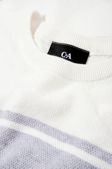 Hommes - Pull en maille - manches courtes - à rayures - texturé - gris clair