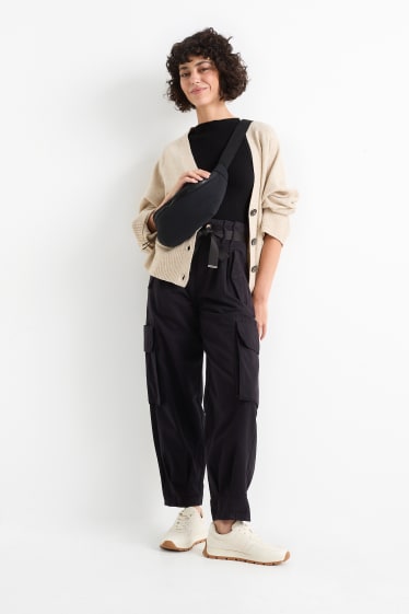 Damen - Cargohose - High Waist - Tapered Fit - schwarz