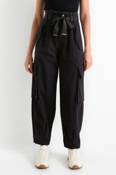Damen - Cargohose - High Waist - Tapered Fit - schwarz