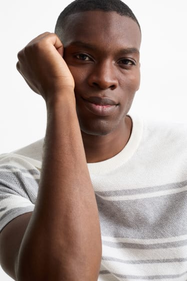Hommes - Pull en maille - manches courtes - à rayures - texturé - gris clair