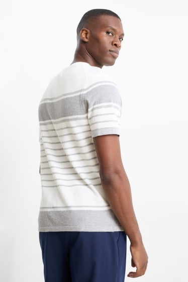 Hommes - Pull en maille - manches courtes - à rayures - texturé - gris clair