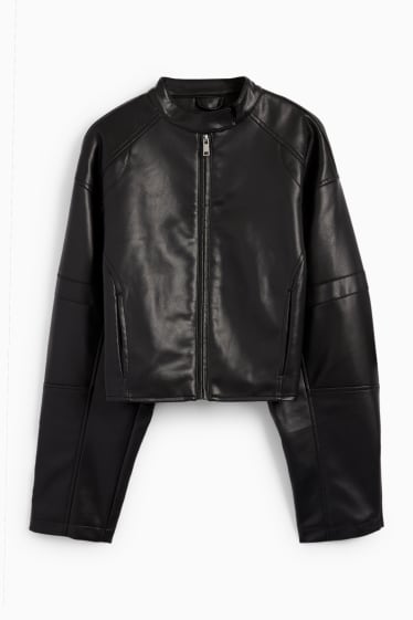 Femei - Jachetă de motociclist crop - imitație de piele - negru