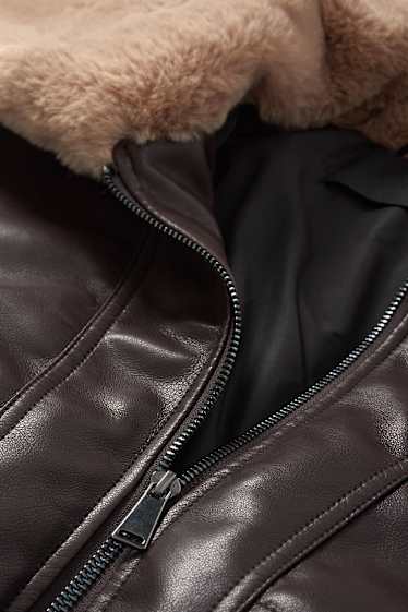Femei - Jachetă de aviator cu aplicații din blană artificială - imitație de piele - maro închis