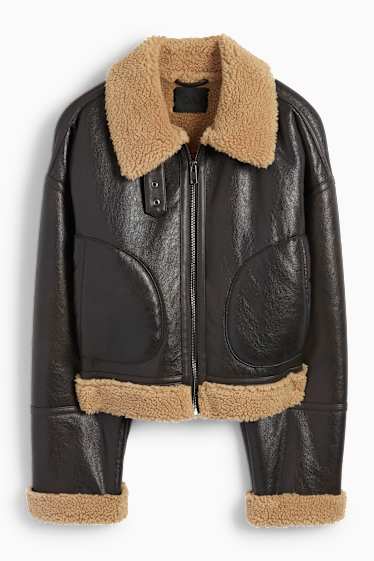 Femei - Jachetă din piele shearling falsă - imitație de piele - maro închis
