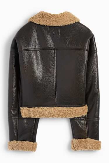 Femei - Jachetă din piele shearling falsă - imitație de piele - maro închis