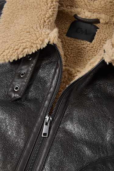 Femei - Jachetă din piele shearling falsă - imitație de piele - maro închis