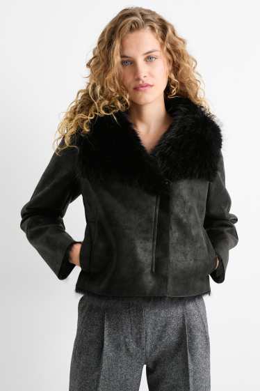 Femei - Jachetă din piele shearling falsă - imitație de piele - negru