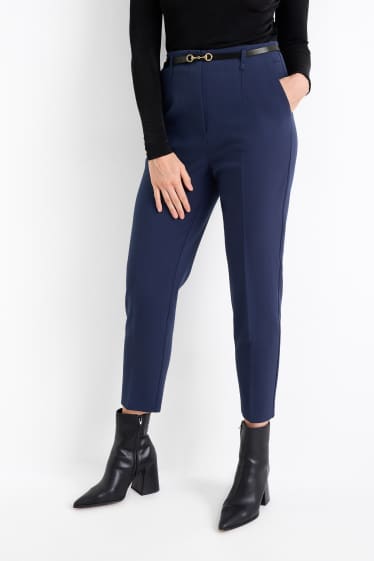 Femei - Pantaloni de stofă cu curea - talie înaltă - tapered fit - albastru închis
