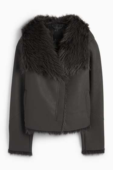 Femei - Jachetă din piele shearling falsă - imitație de piele - gri închis
