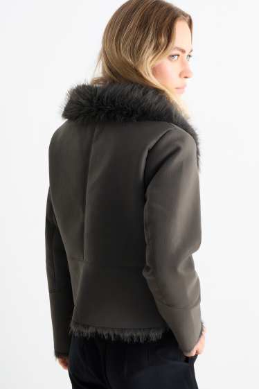 Femei - Jachetă din piele shearling falsă - imitație de piele - gri închis