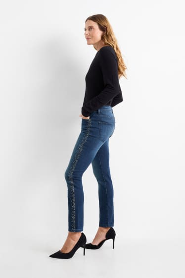 Femei - Slim jeans cu ștrasuri - talie medie - denim-albastru