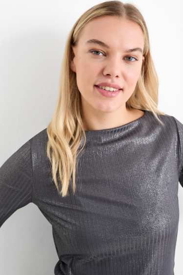 Damen - Langarmshirt - gerippt - glänzend - dunkelgrau