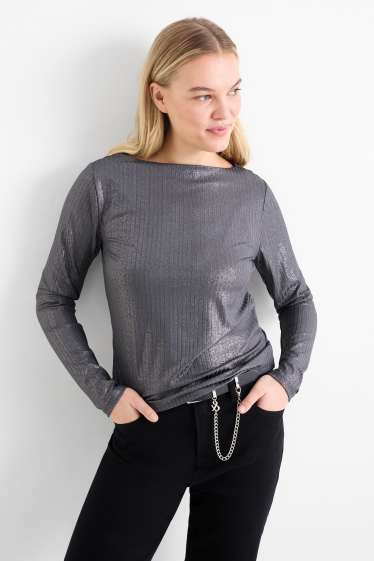 Damen - Langarmshirt - gerippt - glänzend - dunkelgrau