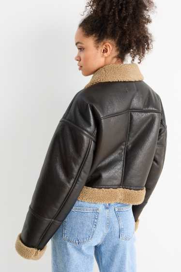 Femei - Jachetă din piele shearling falsă - imitație de piele - maro închis