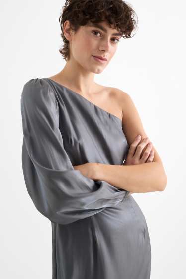 Femei - Rochie cu un umăr gol - aspect lucios - gri închis