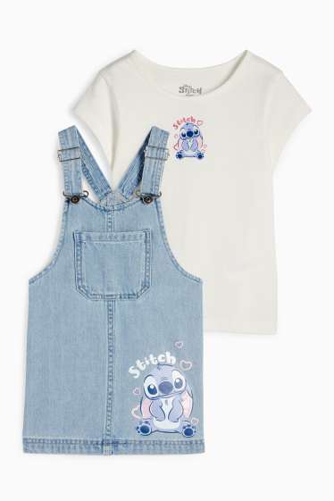 Copii - Fete - Lilo & Stitch - set - tricou cu mânecă scurtă și rochie-salopetă din denim - denim-albastru deschis