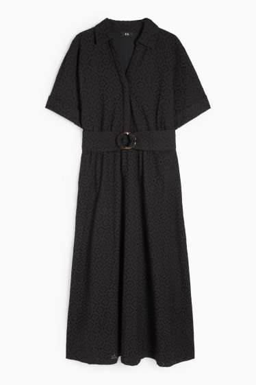 Damen - Blusenkleid mit Gürtel - Broderie Anglaise - schwarz