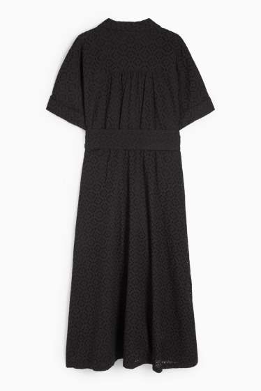 Damen - Blusenkleid mit Gürtel - Broderie Anglaise - schwarz