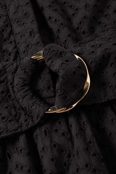 Damen - Blusenkleid mit Gürtel - Broderie Anglaise - schwarz