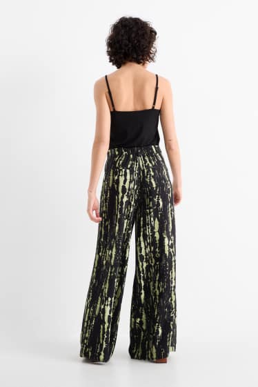 Femei - Pantaloni de stofă - talie înaltă - wide leg - cu model - verde închis / negru