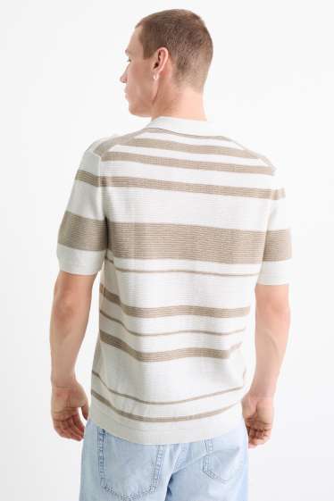 Bărbați - Tricou polo tricotat - cu dungi - structurat - alb-crem