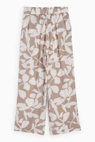 Femei - Pantaloni de stofă - talie înaltă - wide leg - cu flori - bej