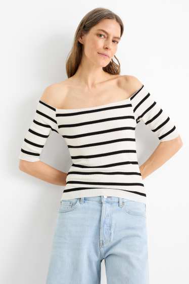 Femei - Tricou - regular fit - reiat - cu dungi - alb / negru