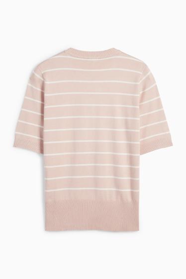 Dames - Gebreide trui - korte mouwen - gestreept - roze