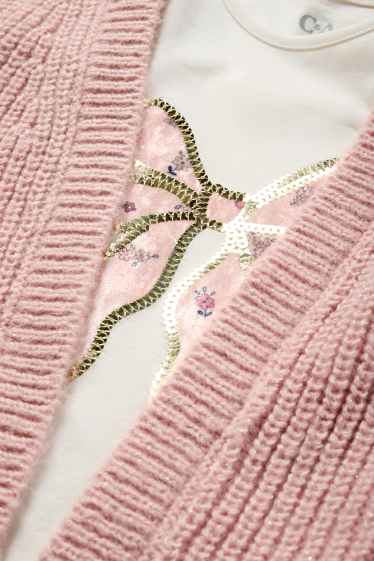 Copii - Fete - Fundă - set - tricou cu mânecă lungă și cardigan tricotat - 2 piese - roz închis