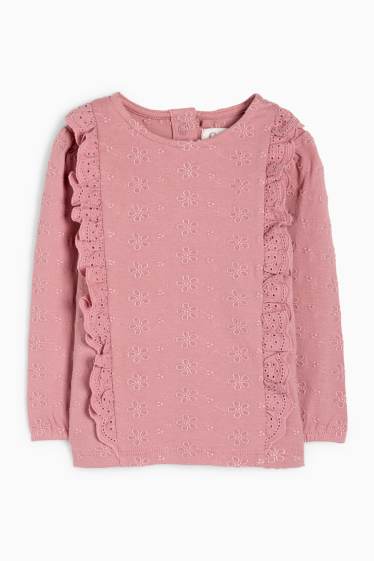 Bebeluși - fete - Tricou cu mânecă lungă bebeluși - broderie englezească - roz închis