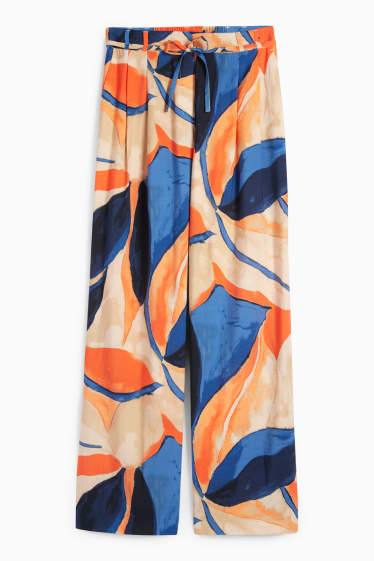 Femei - Pantaloni de stofă - talie înaltă - wide leg - cu model - portocaliu / albastru