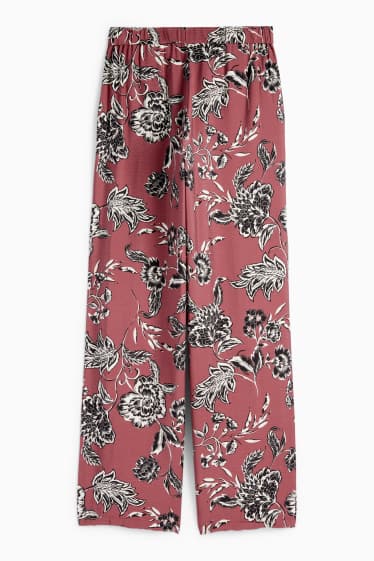 Femei - Pantaloni de stofă - talie înaltă - wide leg - cu flori - bordo