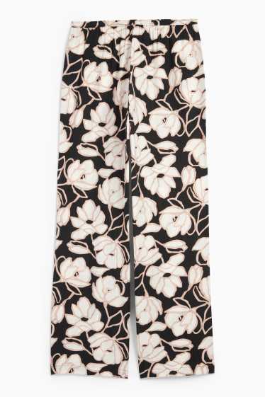 Femei - Pantaloni de stofă - talie medie - palazzo - cu flori - negru / nej