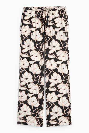 Femei - Pantaloni de stofă - talie medie - palazzo - cu flori - negru / nej