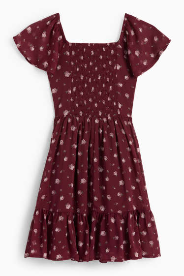 Copii - Fete - Rochie din șifon - cu flori - bordo