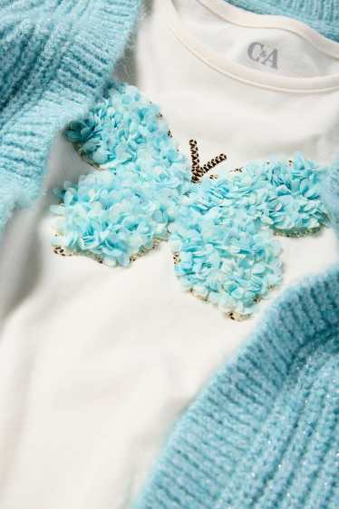 Copii - Fete - Fluture - set - tricou cu mânecă lungă și cardigan tricotat - turcoaz