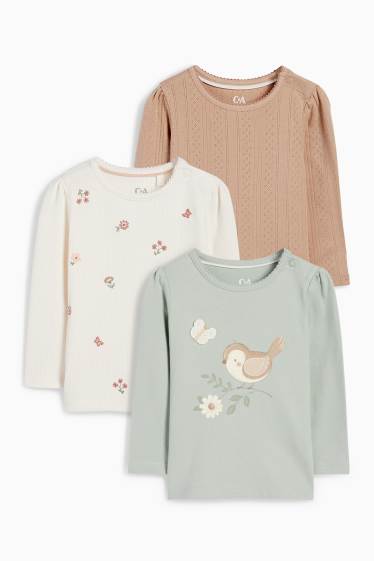 Bebeluși - fete - Multipack 3 buc. - floricele și păsărele - tricou cu mânecă lungă bebeluși - alb-crem