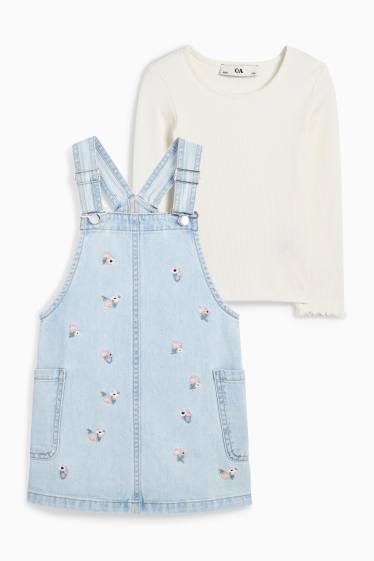 Copii - Fete - Set - floare - tricou cu mânecă lungă și rochie-salopetă din denim - 2 piese - denim-albastru deschis