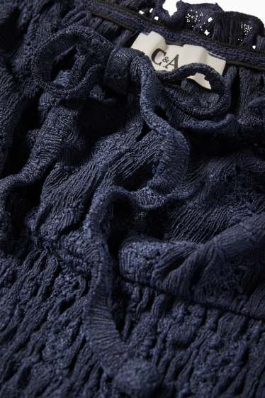 Femei - Top crop - broderie englezească - cu fronseuri - albastru închis