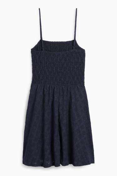 Femei - Rochie fit & flare - broderie englezească - cu fronseuri - albastru închis